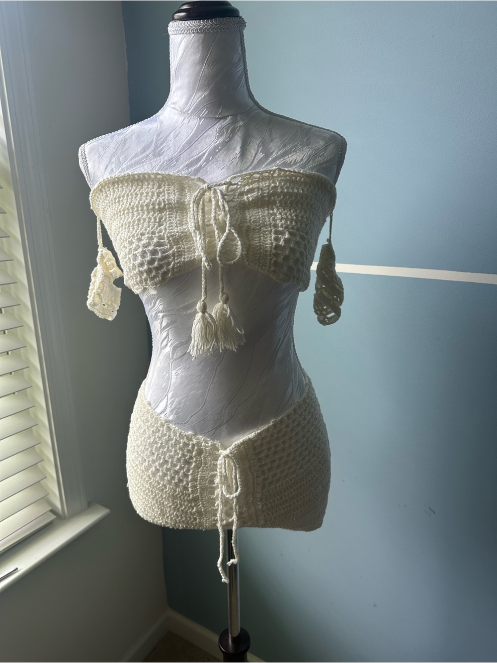 Handmade Crochet Two-Piece Short Set in Cream
